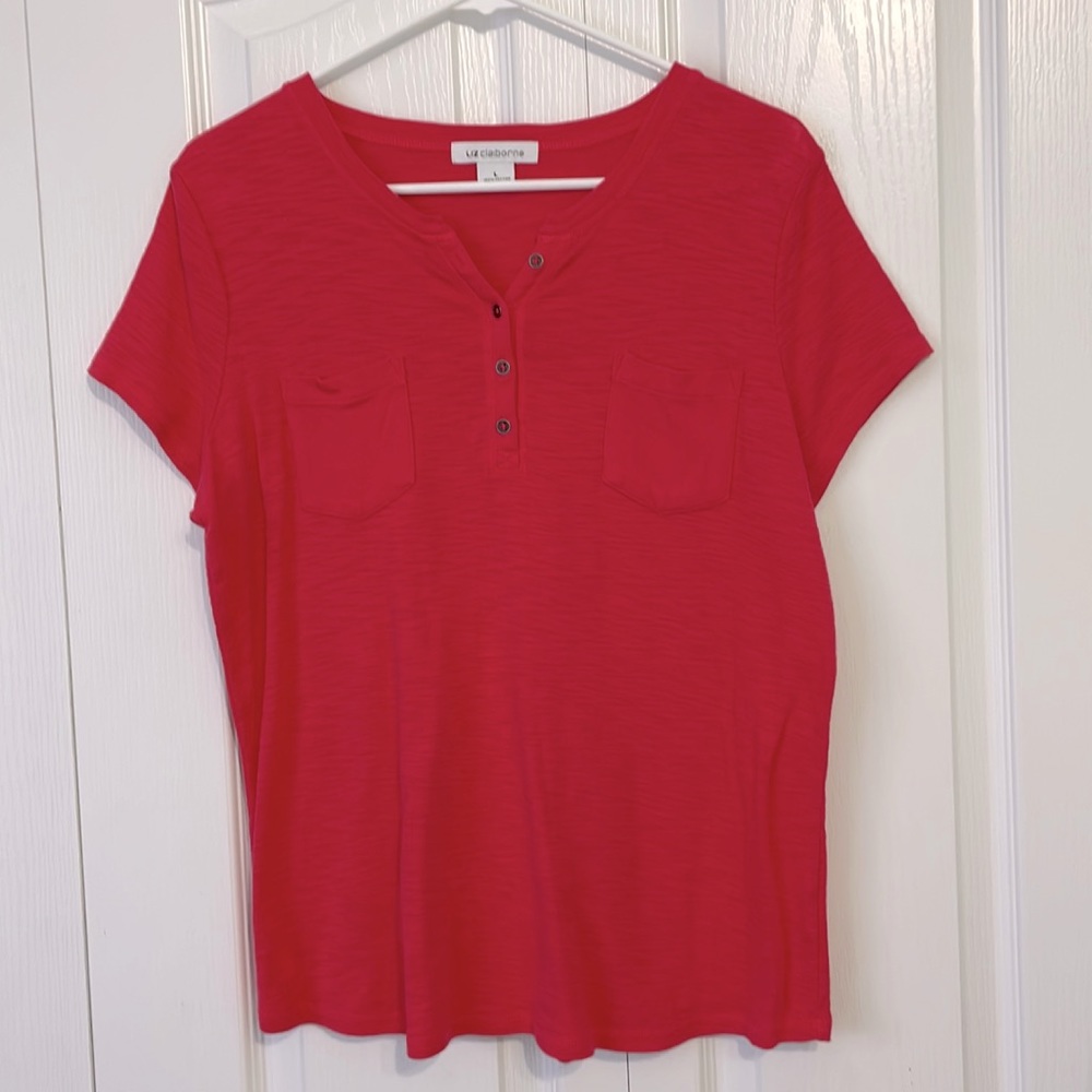 Liz Claiborne coral short sleeve T-shirt, women’s size large with front buttons